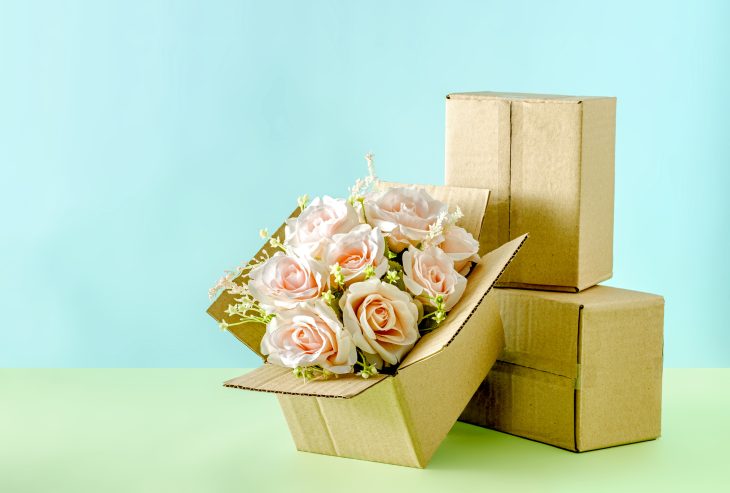 Wedding flowers in a cardboard box